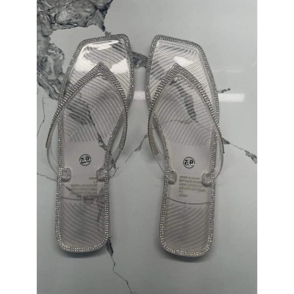 Lauren Lorraine Tampa‎ Flip Flops Clear 9.5 Rhinestone Dressy Sandals NIB